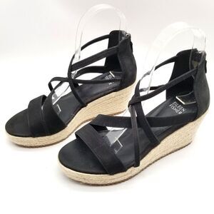 Eileen Fisher Women Wanda Wedge Sandals Size 5 Black Leather Strappy Zip Back
